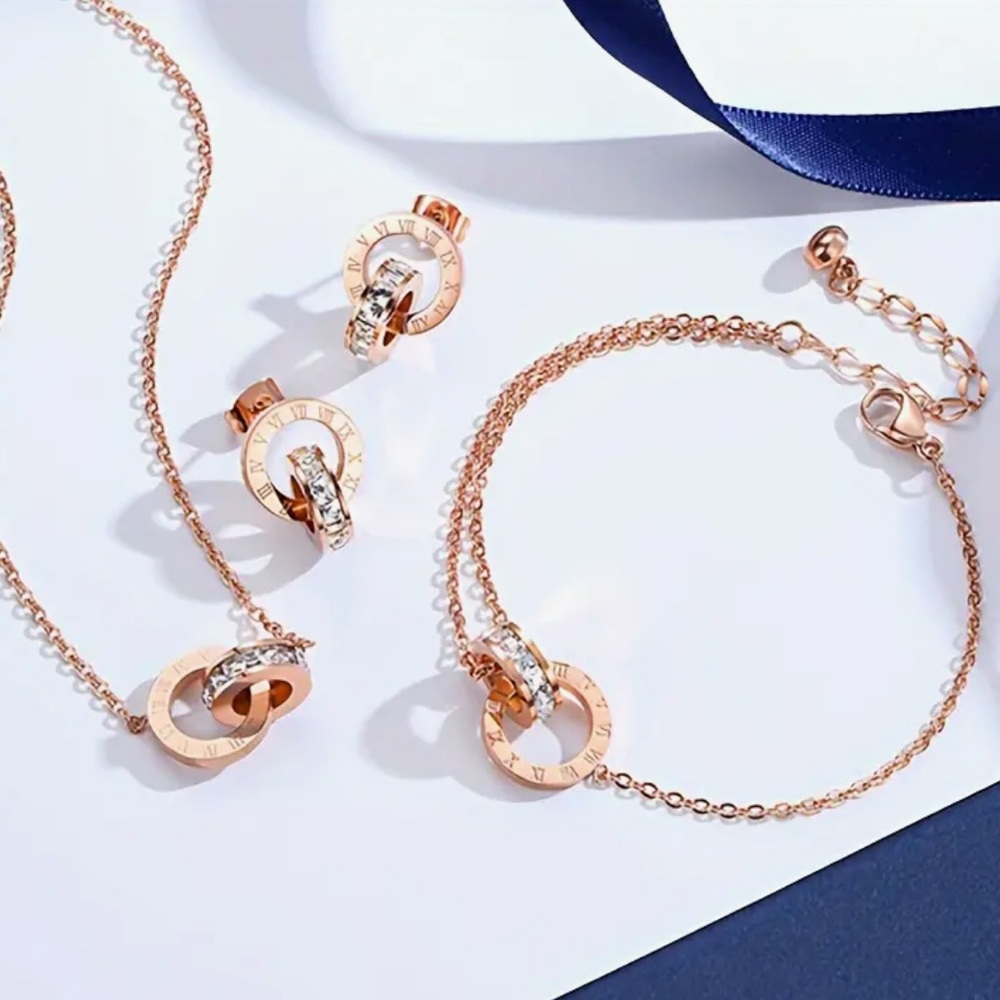 New! Rose Gold Necklace, Bracelet and Earrings matching set